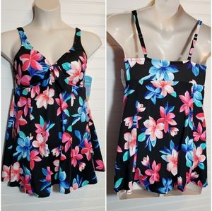 Swim Solutions Pink and Black One Piece Floral Swimdress